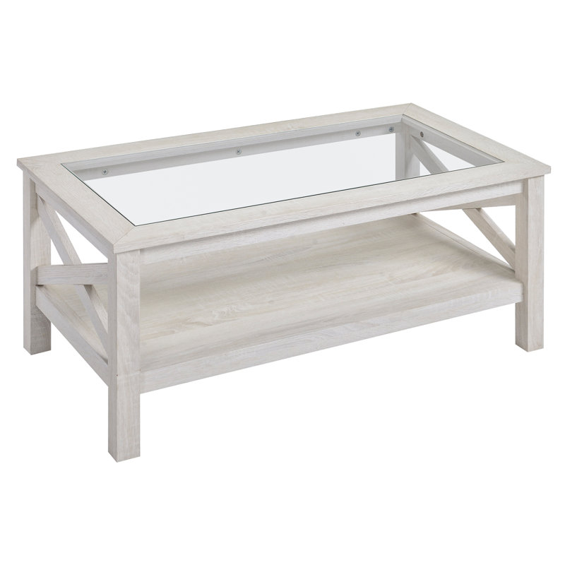 Table basse de salon, plateau en verre trempé avec rangement, 99,7 cm x 55,2 cm, chêne blanc, idéale pour la décoration intérieure