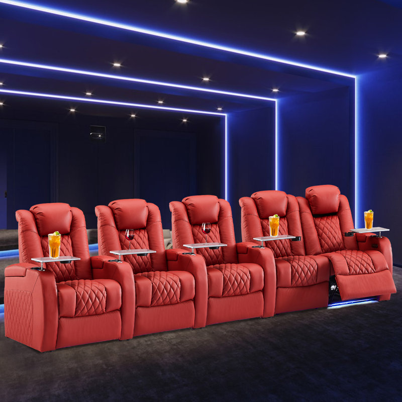 Siège de cinéma en cuir gris avec porte-gobelet, Cuir véritable rouge