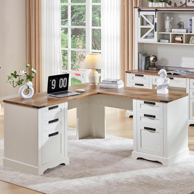 Bureau de direction en L blanc antique antique, bureau de coin en bois avec tiroirs, station de charge, classeur, ordinateur et bureau rustique