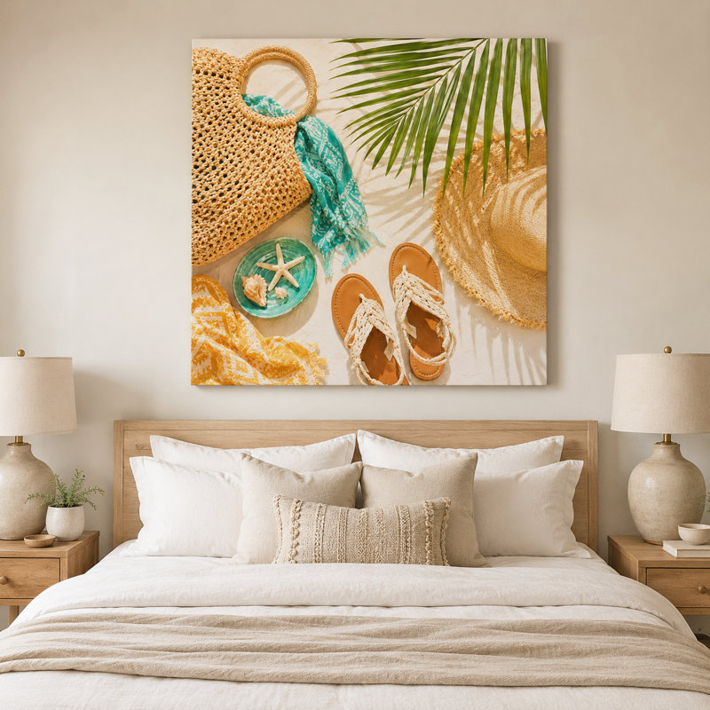 Art mural sur toile, "Beach Day Essentials", Coastal Resort Escape Decor, 40"H x 40"W x 1.5"D