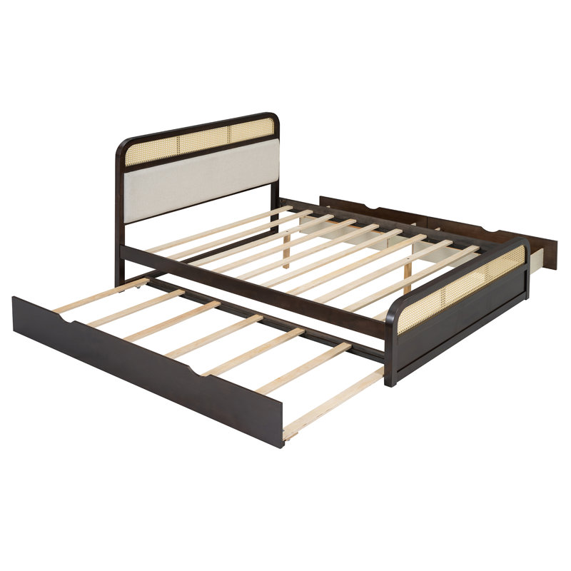 Grand lit plateforme en bois avec lit gigogne et 2 tiroirs, espresso