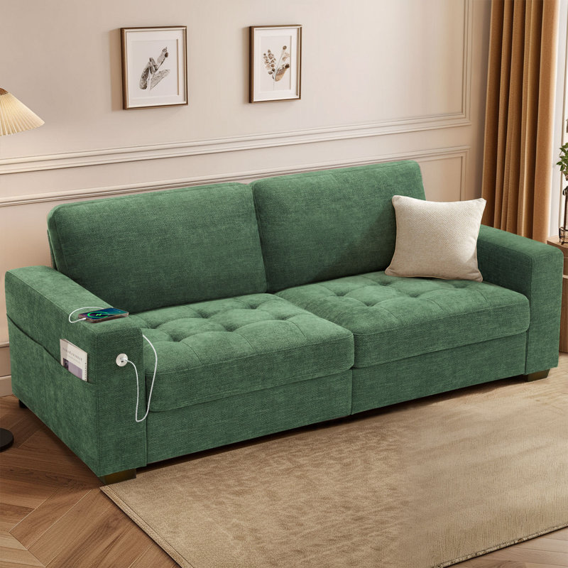 Yakina 89'' Upholstered Modern Chenille Sofa with Storage Pockets Couches and USB Charging Port, Green