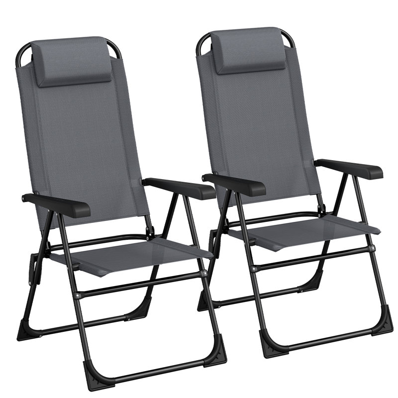 Folding Patio Chairs Set Of 2, Outdoor Lawn Chair, 5 Level Adjustable Teslin Back, Removable Headrest, Ergonomic Armrest, Foot Pad, All Weather For Camping, Garden, Pool, Yard, 300Lbs(Gray And Black)