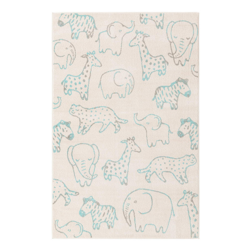 Whimsy Safari Animals Kid Rug, Rectangle 5'3" x 8', Ivory
