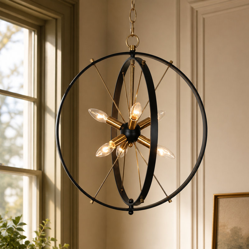 Chrisse 6-Light Black & Gold Sputnik Globe Chandelier with Adjustable Chain for Dry Indoor