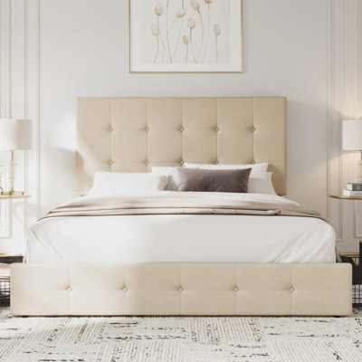 Upholstered Platform Bed Frame With 4 Storage Drawers And Headboard, Antique Square Stitched Button Tufted