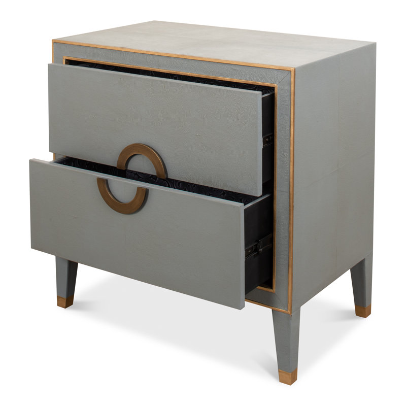 Transitional Gray Shagreen Leather Nightstand with Gold Accents
