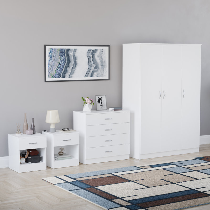 Tayce 4 Piece Bedroom Set (1 Drawer Bedside Chest X2, 4 Drawer Chest, 3 Door Wardrobe), White