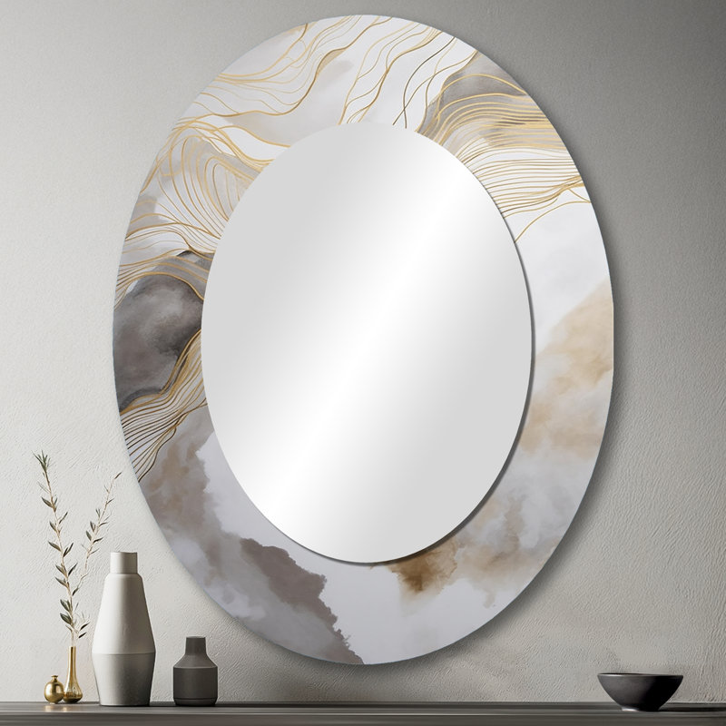 Gold And Grey Abstracted Line Artistry V - Large Oval Wall Mirror On Metal, 43" x 33"