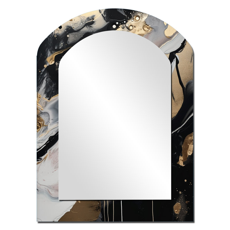 Dossier et marbre doré Medley III - miroir asymétrique unique en marbre, grand miroir mural arqué noir, impression d'art en métal
