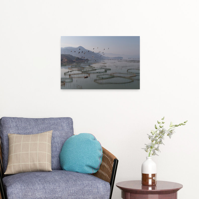«Flying Birds Calm Waters Peaceful Serene Tranquil Bamboo Bird Landscape Nature», art mural, H 16 po x l 24 po