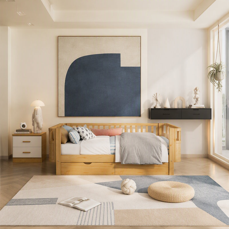 Lit plateforme simple en bois pour enfants, lit simple en bois à profil bas avec rails pour filles et garçons, Twin, Natural