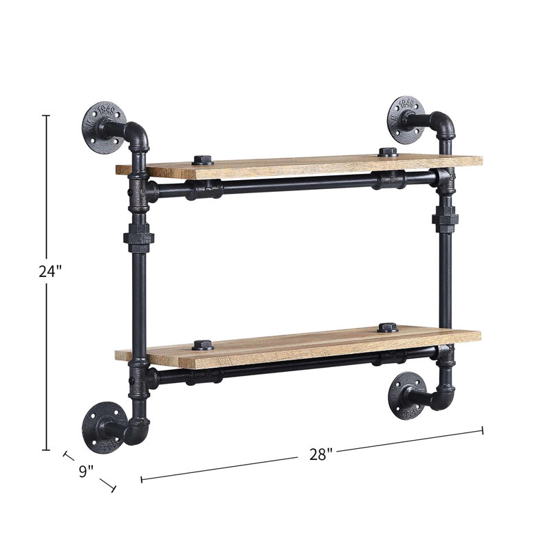 Étagère murale à 2 niveaux, chêne, noir sablé, tube de métal, conception de conduite d'eau, tablette, espace, style de rangement de décoration intérieure, finition chêne, cadre, espace, bureau élégant