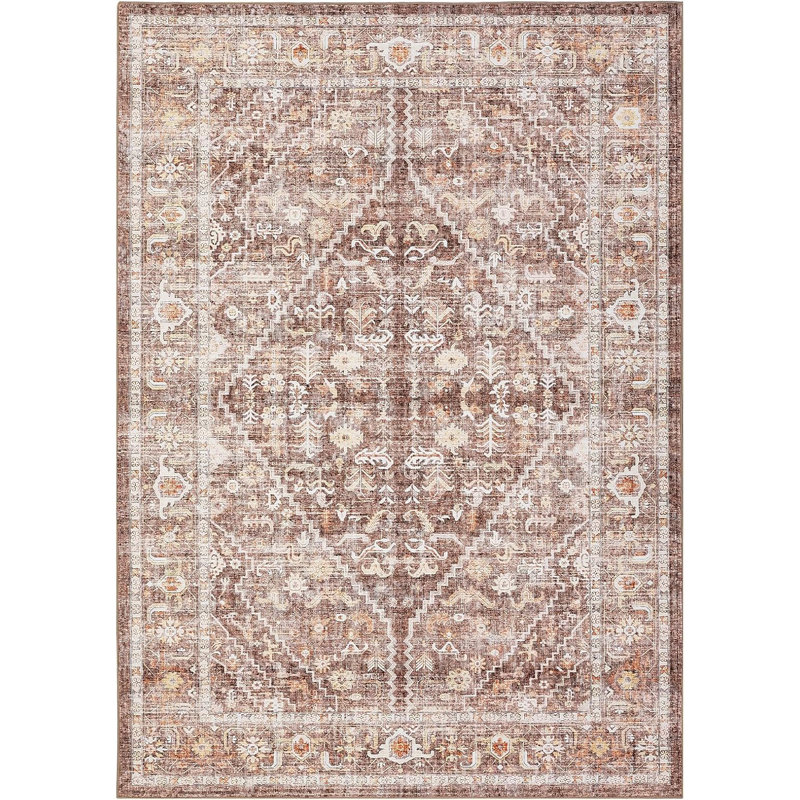 Vintage Area Rug 5x7 Washable Foldable Distressed Accent Carpet Non-Skid Oriental Print Low-Pile Non-Shedding Thin Floor Mat for Bedroom (Blue)