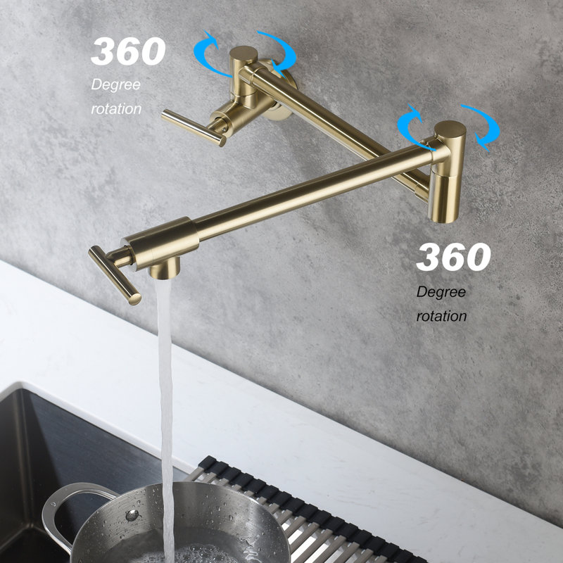 Wall Mounted Pot Filler Faucet Gold - Arm For Easy Filling And Maintenance, Double Handles Regulate Water Flow Precisely, Finish Golden Hassle- Operations, Control Efficiently, To Corrosion