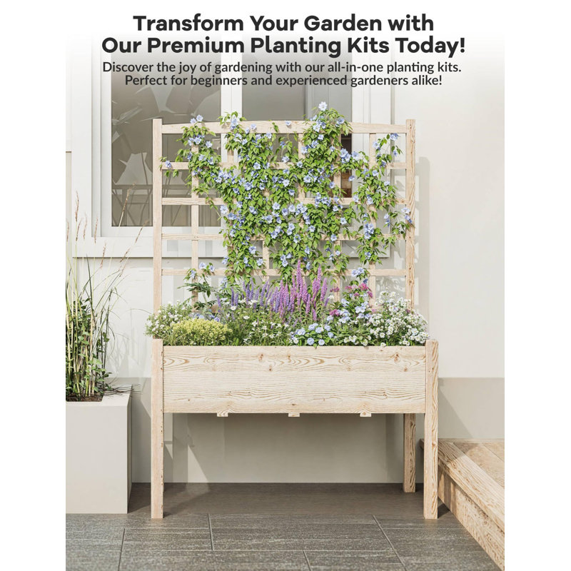 Raised Garden Bed with Trellis, Elevated Planter Box with Legs for Backyard, Patio, Balcony w/Bed Liner, Wood Standing Planter Stand for Climbing Plants Flowers Vegetables Herbs, 46"x23"x65"