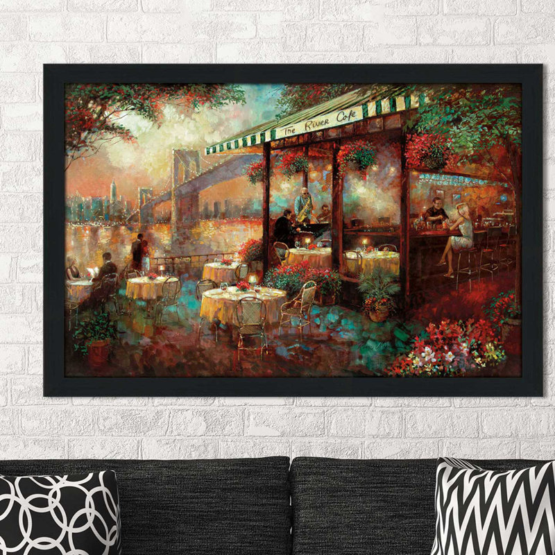« the river cafe », reproduction de peinture à l’huile encadrée, H 21,5 po x l 27,5 po x P 0,75 po