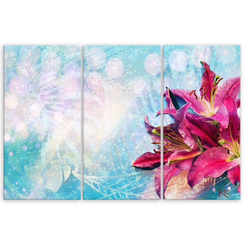 Pink Flowers On A Blue Background - 3 Piece Wrapped Canvas Print Set, 100cm H x 150cm W