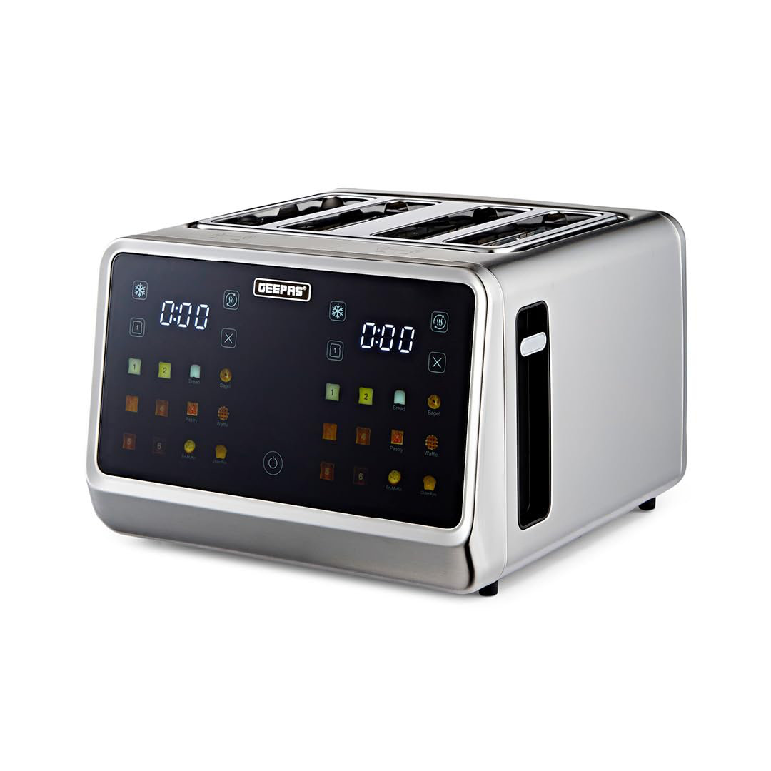 GEEPAS 5-in-1 DIGITAL 4 Slice Toaster | Stainless Steel Housing Wide Slots LED Display & Timer | 6 Browning Level Cancel Defrost & Reheat Function 6 V