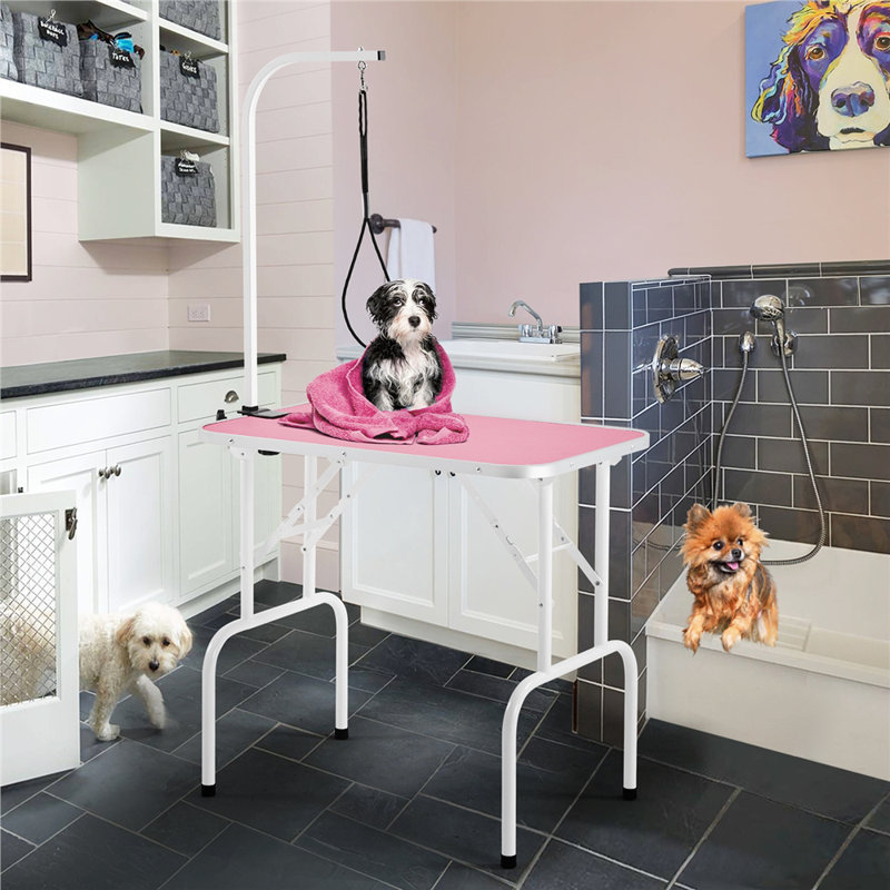 153cm H x 80.5cm W x 49.5cm D Metal Adjustable and Foldable Dog Folding Grooming Table, Pink/White