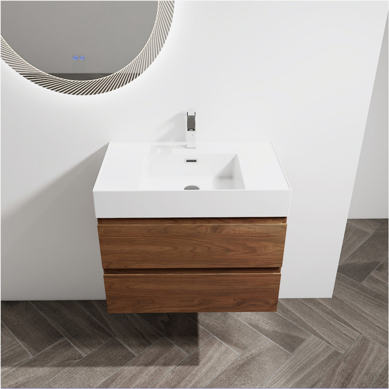 Meuble-lavabo mural 30 po avec lavabo en résine, 2 tiroirs à fermeture en douceur, ensemble KD