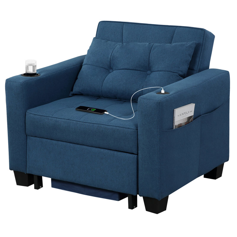 Fauteuil convertible de 36,6 po de largeur avec porte-gobelets et poches latérales, Lin bleu