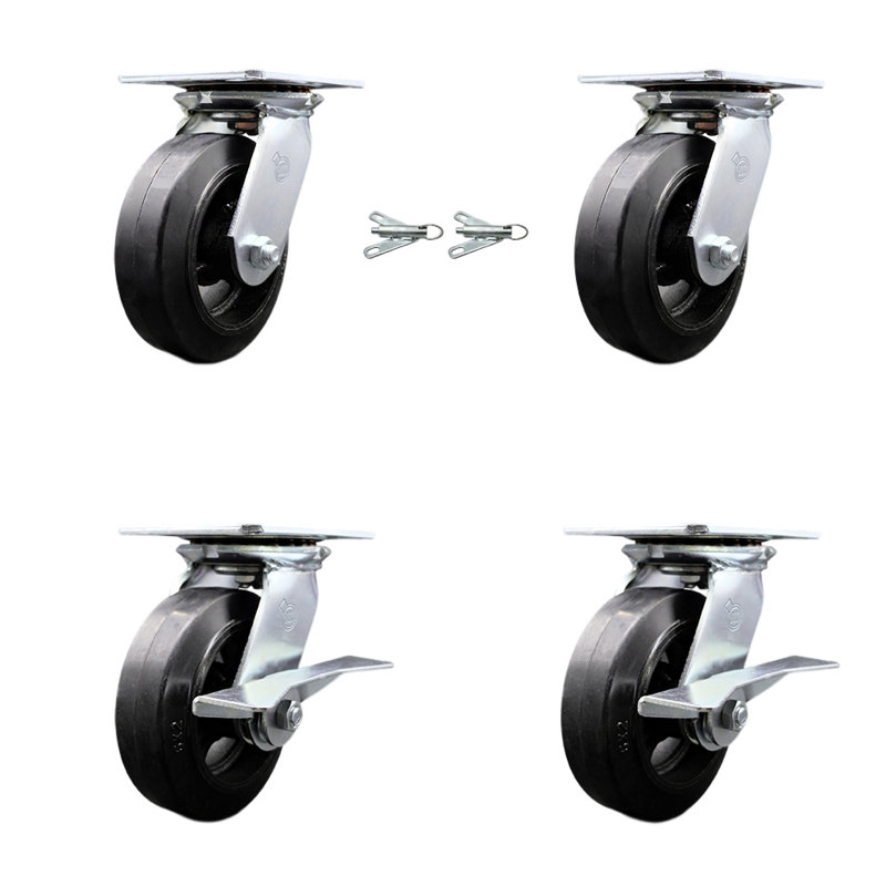 6 Inch Rubber on Steel Swivel Caster Set 2 Swivel Locks 2 Brakes Service Caster