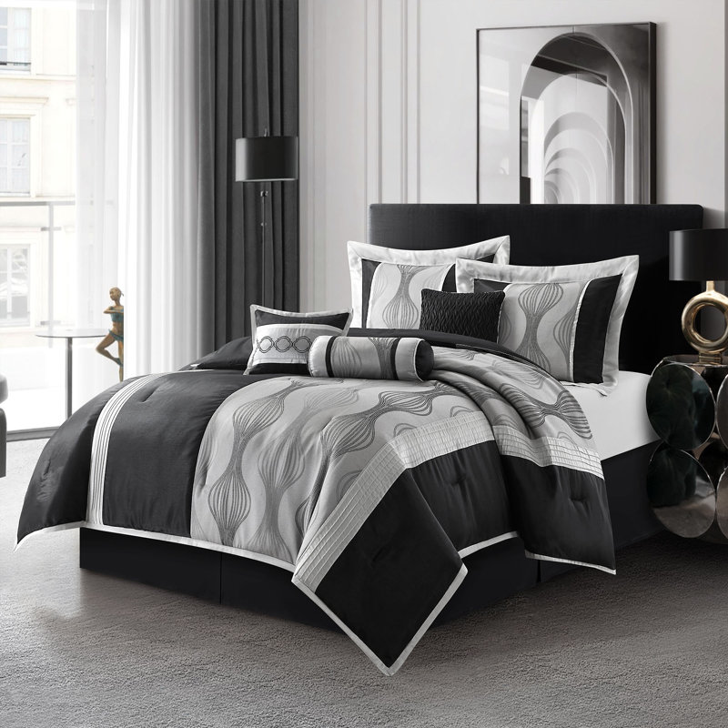 Ensemble d'édredon en microfibre 7 pièces Kath, Noir / argenté, Grand édredon et 6 pièces supplémentaires