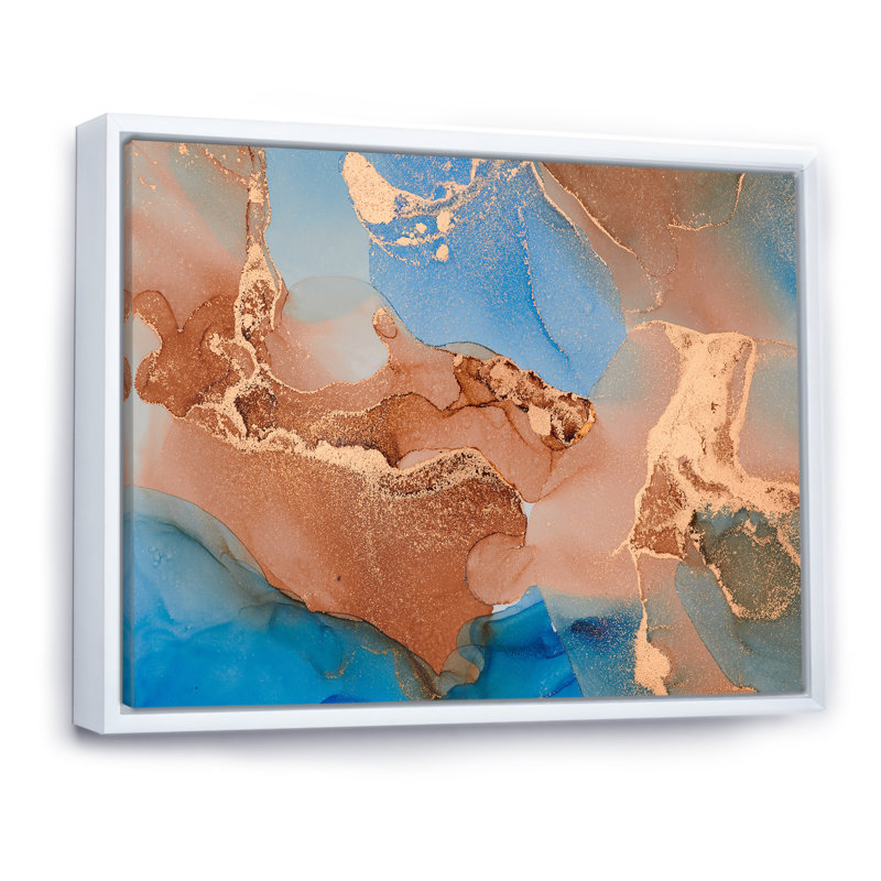 «Blue and Brown Luxury Abstract Fluid», peinture sur toile, H 12 po x l 20 po, Cadre flottant blanc