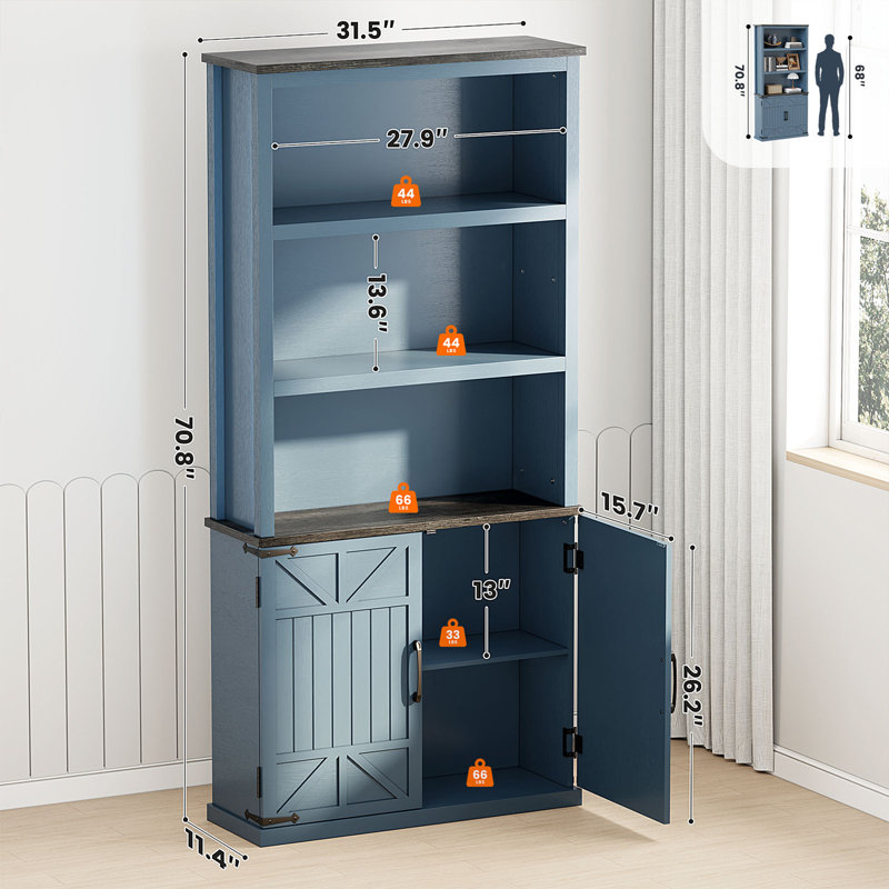 70'' Tall Blue MDF Farmhouse Bookcase with Doors and Shelves