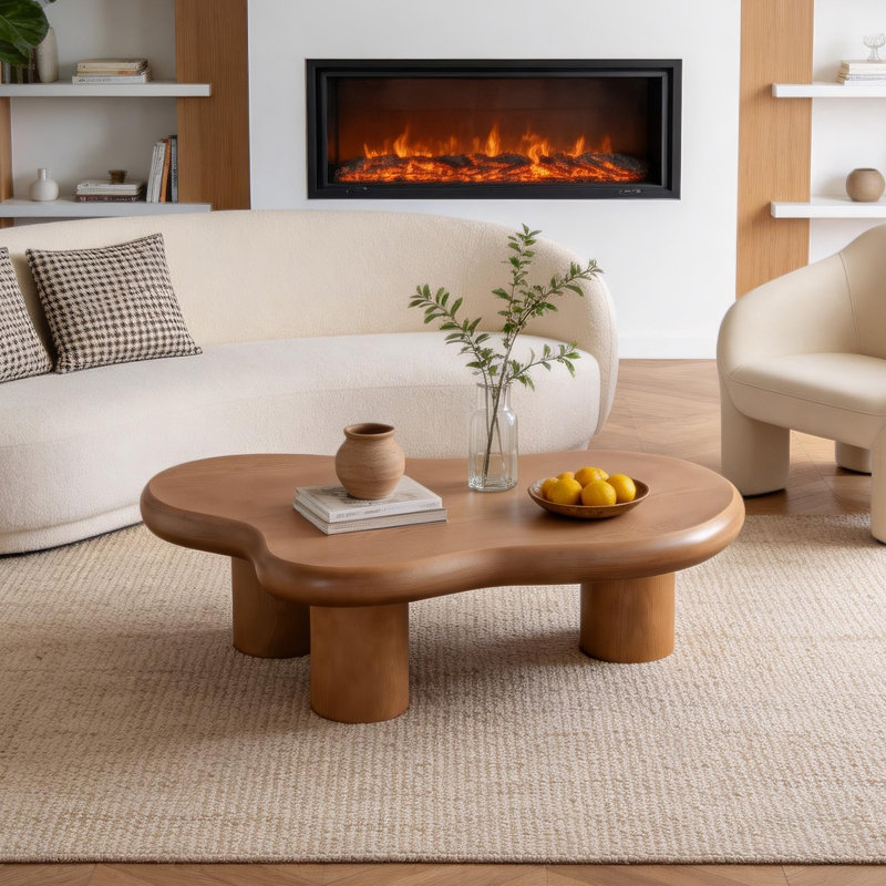 Table basse 39,5 "à forme libre moderne en forme de nuage avec 3 pieds pour le salon et la chambre à coucher , Natural Wood