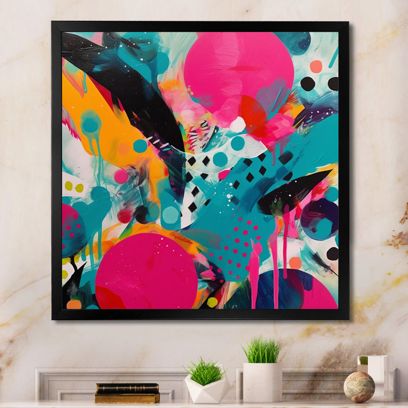Art abstrait sur toile rose et turquoise abstraite I, Cadre simple noir, H 16 po x l 16 po x P 1 po