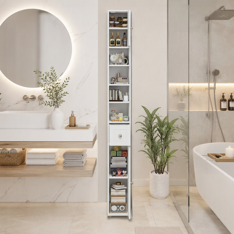 Meuble de rangement de salle de bain haut et étroit, 180 cm (71 po), autoportant, avec 1 tiroir, 2 portes et 4 étagères réglables, blanc