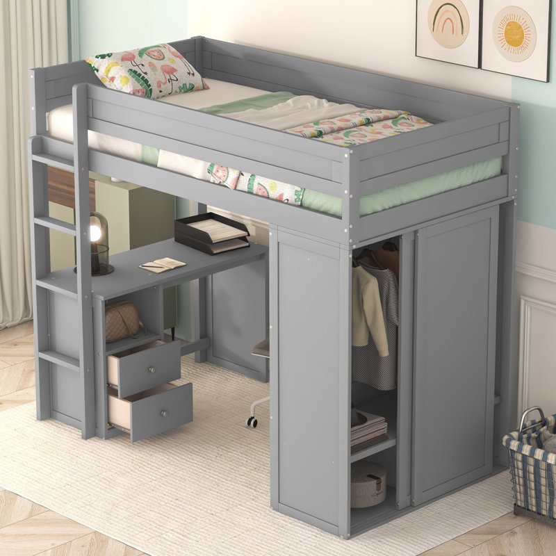 Lit mezzanine avec bureau intégré et garde-robe, Grey, Simple
