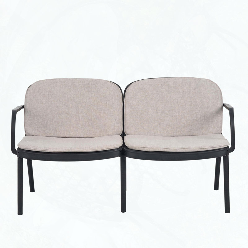 PP Outdoor Loveseat with Water-Repellent Cushion, Beige Cushion/Black Frame