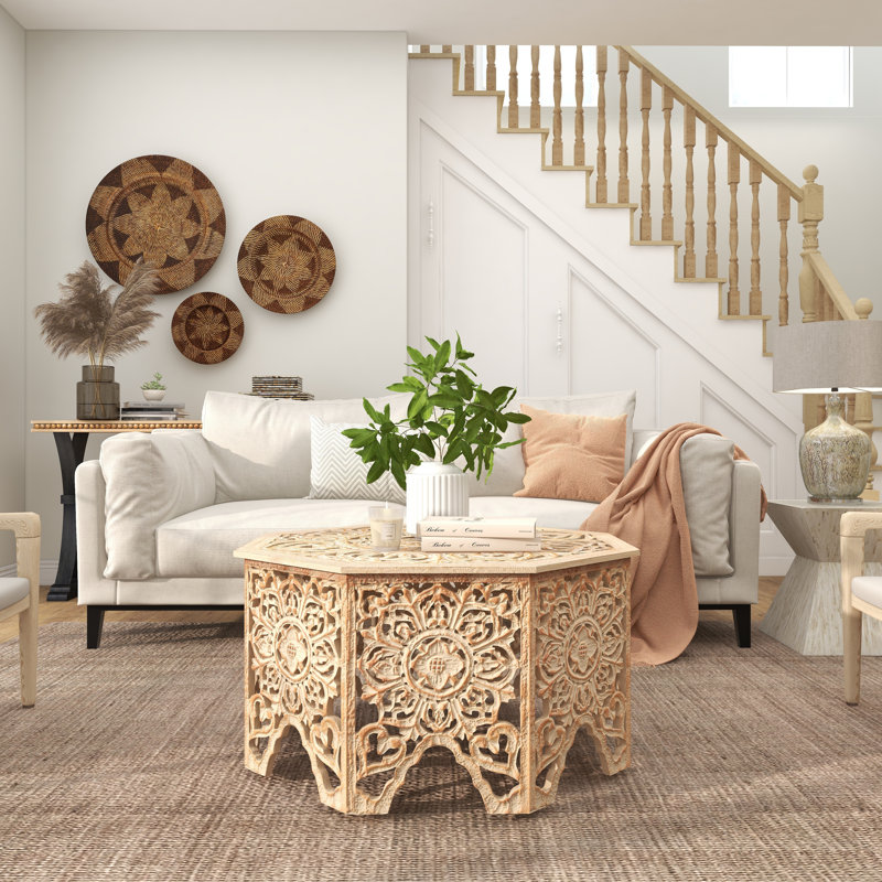 Kenedy Carved Floral Solid Wood Coffee Table, White