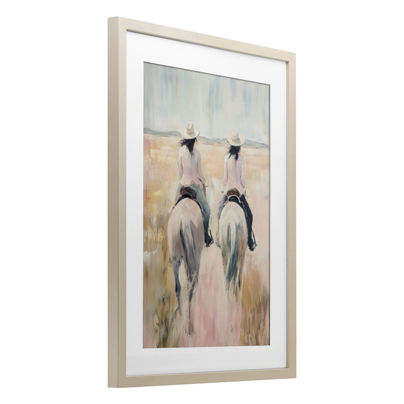 «Twin Cowgirl Riders», reproduction encadrée sous verre, conception de Heidi Kuntz, Cadre de récolte en pin