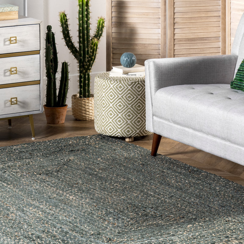 Tapis vert en jute / coton tressé à la main Delatte, Rectangle 6 pi x 9 pi