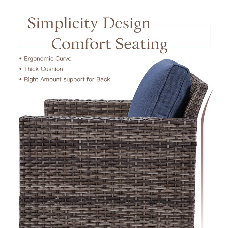 Braxley Wicker 2 - Person Patio Conversation Set with Cushions, Blue, Gray