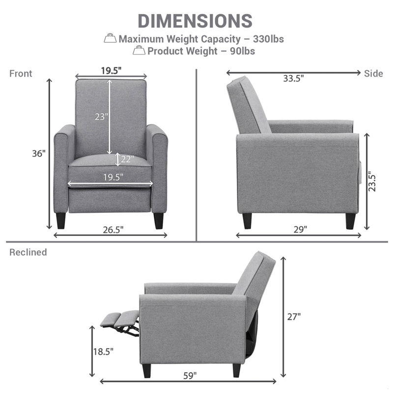 Tashira Home Theater Recliner, Upholstered armchair, Small Recliners for Small Spaces, Push Back Recliner, Gray Linen