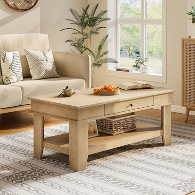 Rectangular Coffee Table with Drawer & Shelf, Rustic Finish Living Room Center Table, Stable Heavy Duty Storage