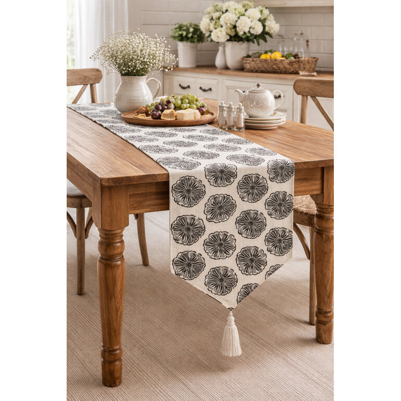 Chemin de table réversible en coton noir 14 po x 72 po avec pampille - couverture de table rustique double face