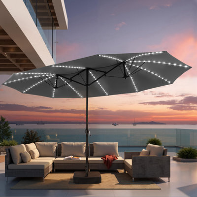 180" x 105" Solar 144 LED Lighted Market Umbrella With Base, Fibreglass Ribs