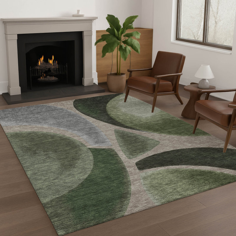 Tapis abstrait lavable à la machine intérieur / extérieur ACN2537, Olive, Rectangle 9 pi x 12 pi