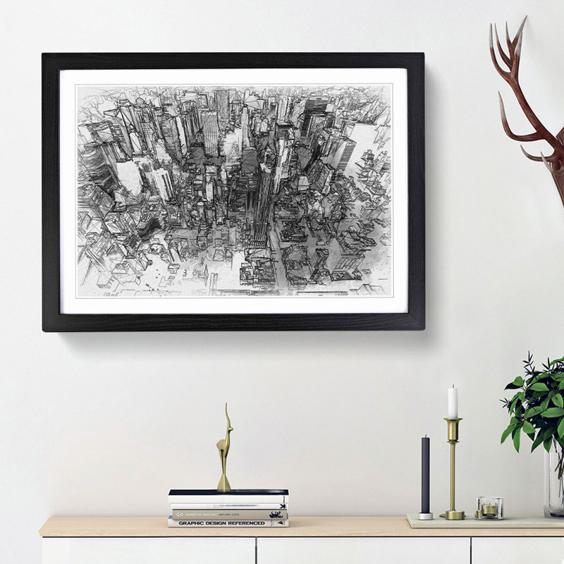 Birds Eye View of New York City in Abstract - Picture Frame Graphic Art Print on MDF, 36cm H x 48cm W x 2cm D, Black Framed