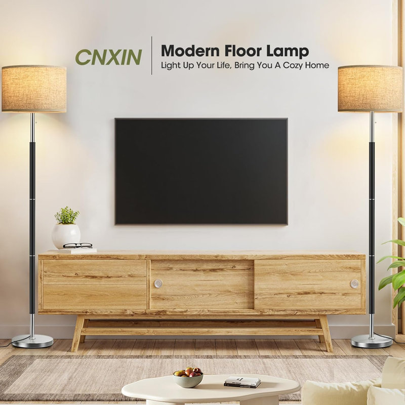 Modern Floor Lamp With 3 Color Temperatures (3000K/4000K/6000K), Beige Linen Lampshade, Pull Chain Switch, 9W LED Bulb Included, Black And Silver, For Bedroom, Office, Living Room