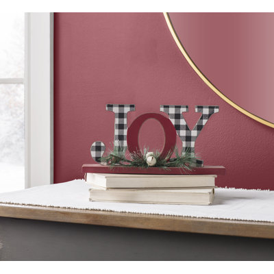 11.5"L Christmas Wooden Plaid JOY Table Decor