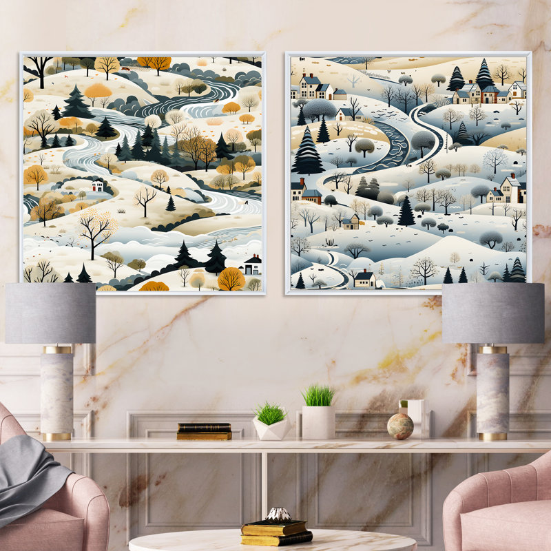 Gurnaaz - Ensemble de 2 collage paysage carré, Cadre flottant blanc, H 30 po x l 61 po