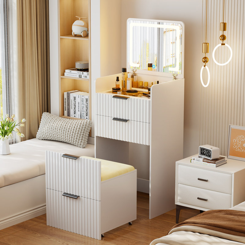 3-in-1 Dressing Table with Illuminated Mirror, Elegant White