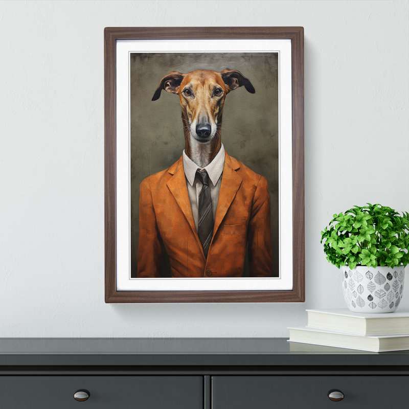 Greyhound in a Suit Painting - Framed Print, 46cm H x 34cm W, Walnut Framed